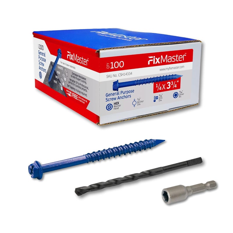FixMaster 1/4 x 3-3/4" Hex Head Blue Concrete Screw Anchors (100 pcs Screw Kit) with one Screwdriver and Drill Bit for Concrete, Masonry, Block, Brick and Wood Fastening - Image 1